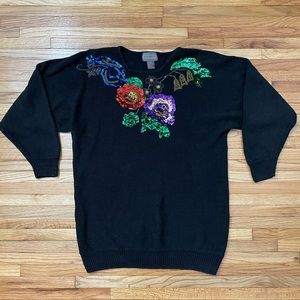 Vintage Liz Baker Black Sweater with Floral Sequins & Beaded Details